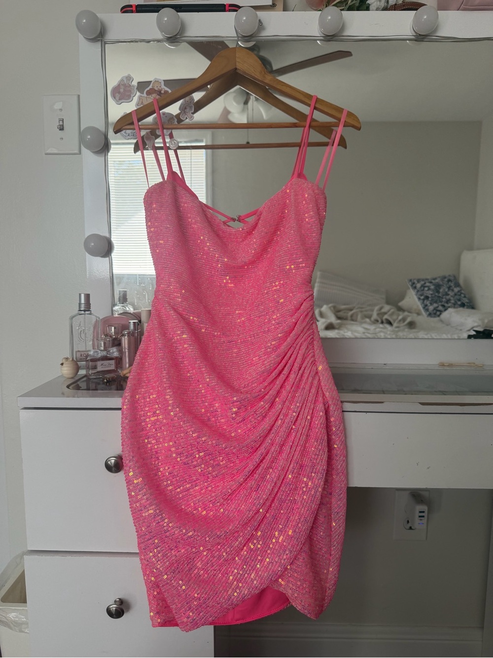 Neon pink sequin prom/homecoming mini dress